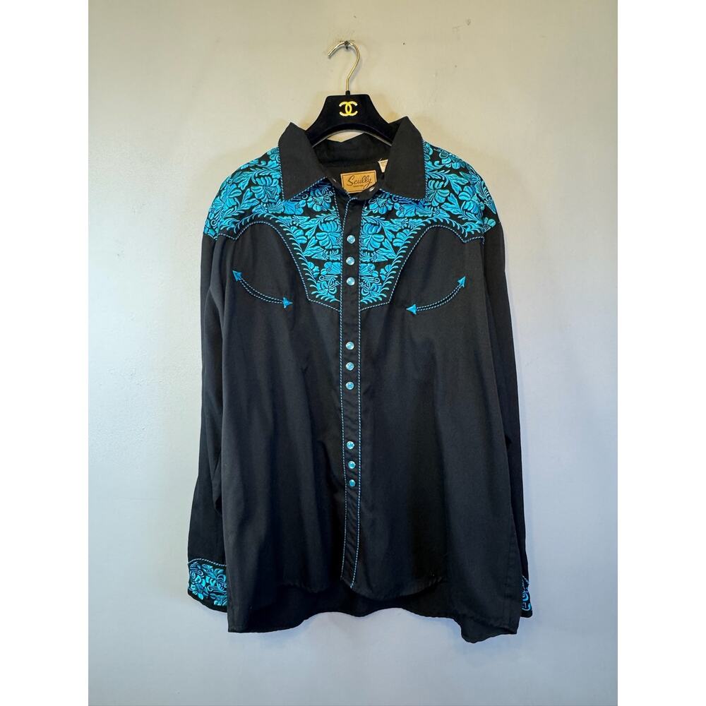 Scully P634 Black Turquoise Floral Embroidered Retro Western Gunfighter Shirt 3X